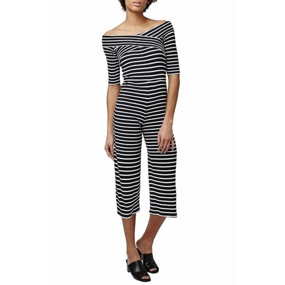 Topshop Navy White Striped Bardot Cropped Off Shoulder Jumpsuit Size 2